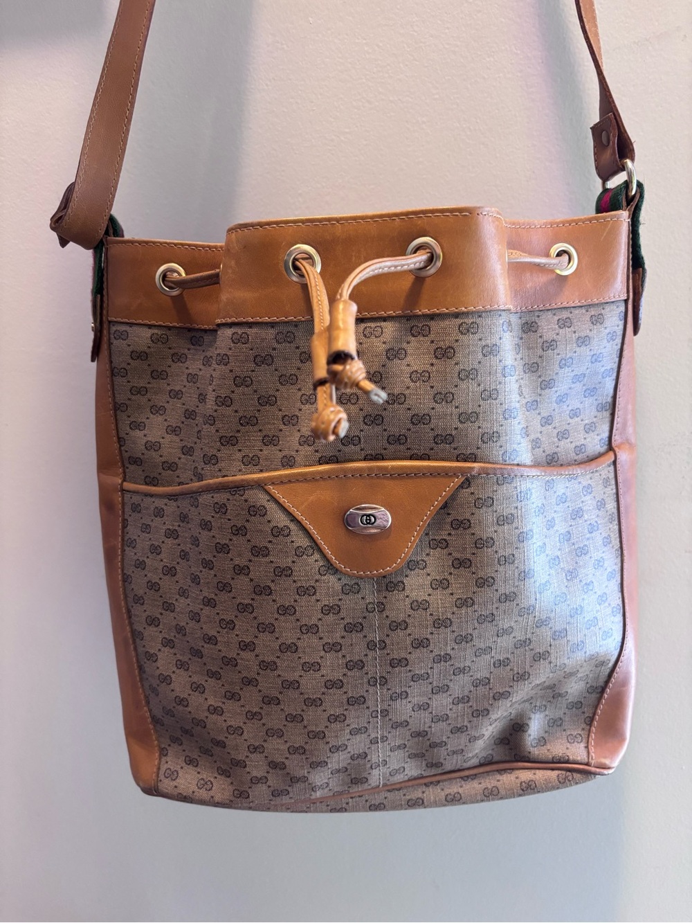 Vintage Gucci Leather-Trim Brown Monogram Bucket Shoulder Bag